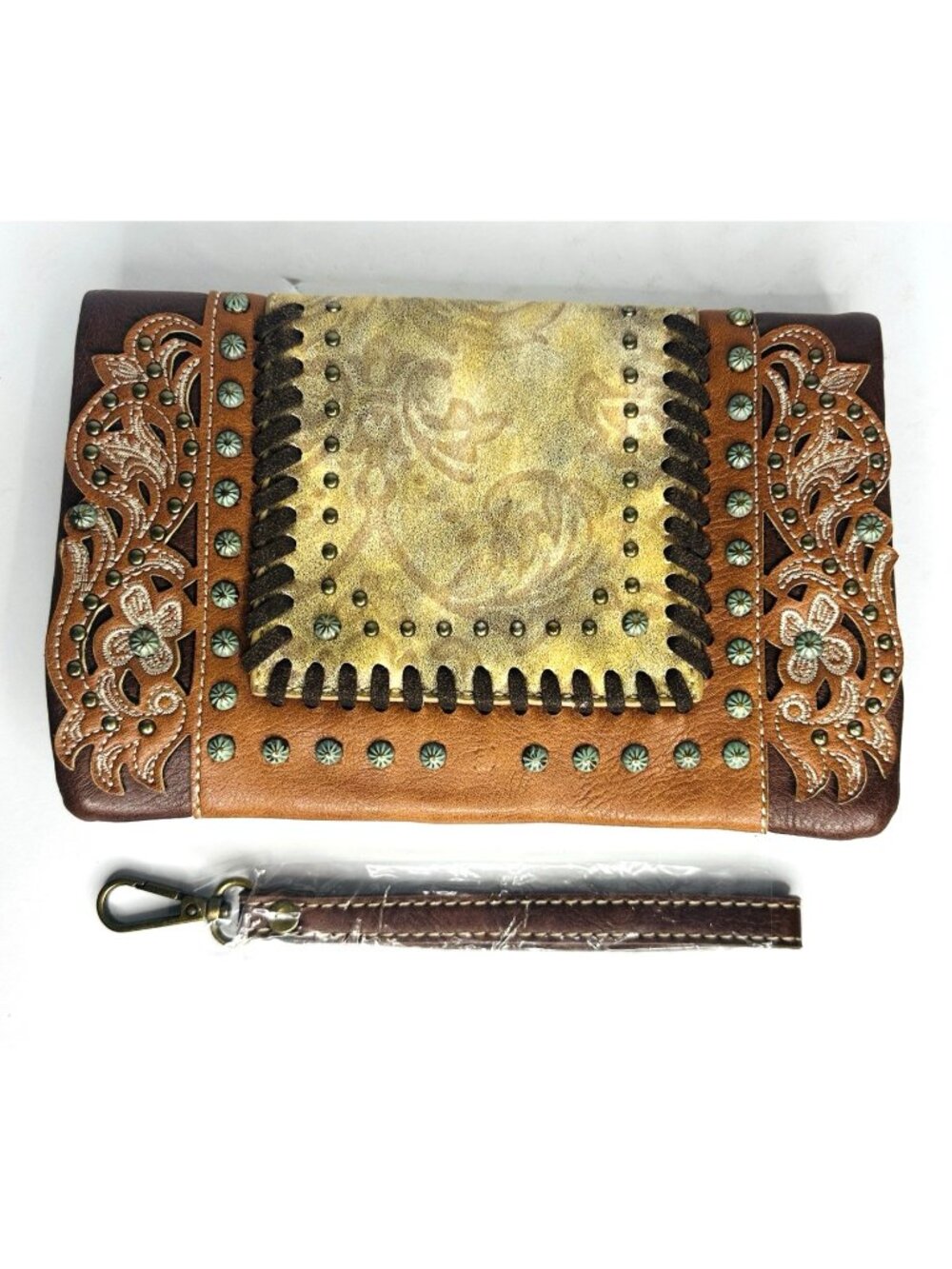American Bling Western Clutch Wallet Brown Tooled Studded Wristlet Large